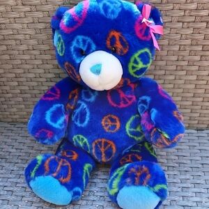 Vintage New Retired Collectible Build-A-Bear Colorful Peace Sign 15" Teddy Bear